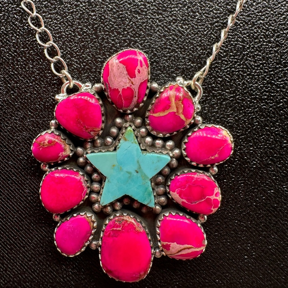 Pink Sea Sediment Jasper & Turquoise Star Pendant Necklace Sterling Silver 925